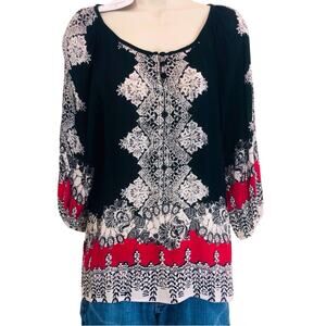 NWT Angie Black Red Boho Inspired Print Long Sleeve Top 3 button Scoop Neck Top
